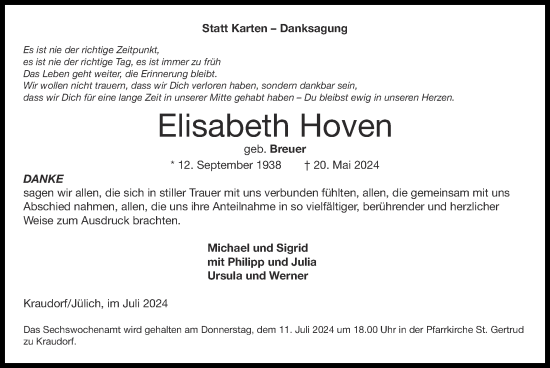 Traueranzeige von Elisabeth Hoven von Zeitung am Sonntag