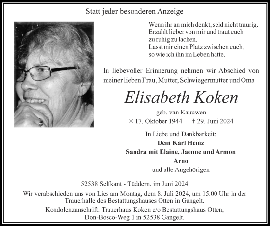 Traueranzeige von Elisabeth Koken von Zeitung am Sonntag