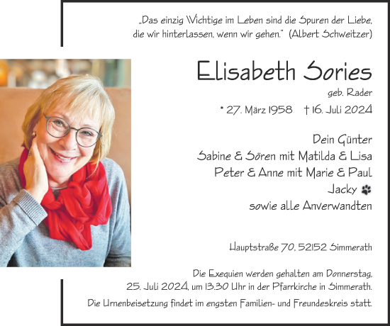Traueranzeige von Elisabeth Sories von Zeitung am Sonntag