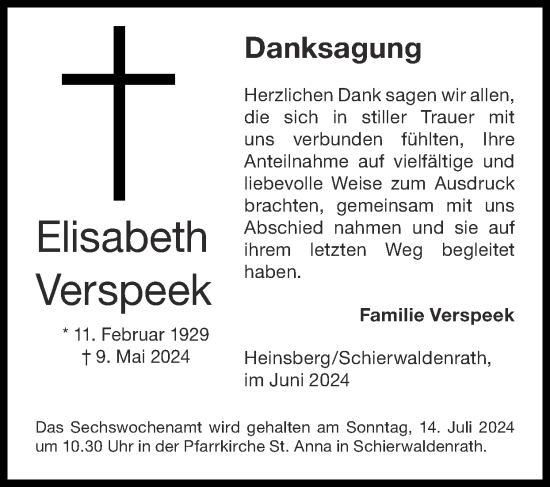 Traueranzeige von Elisabeth Verspeek von Zeitung am Sonntag