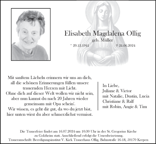 Traueranzeige von Elisabeth Magdalena Ollig von Zeitung am Sonntag