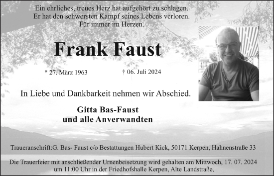 Traueranzeige von Frank Faust von Zeitung am Sonntag