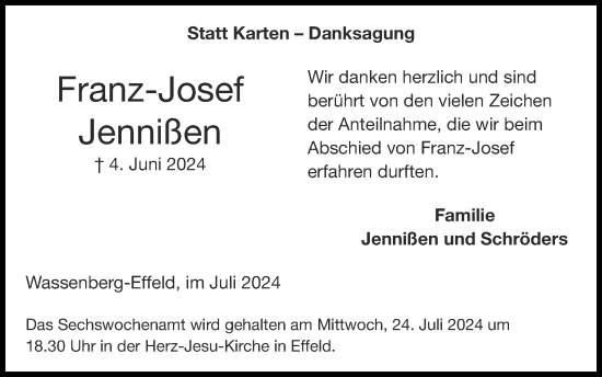 Traueranzeige von Franz-Josef Jennißen von Zeitung am Sonntag
