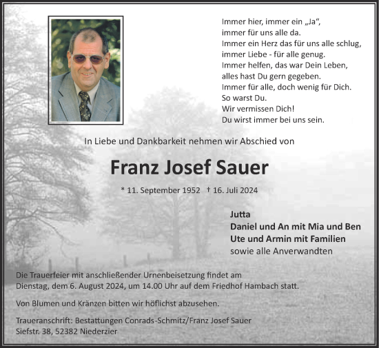 Traueranzeige von Franz Josef Sauer von Zeitung am Sonntag