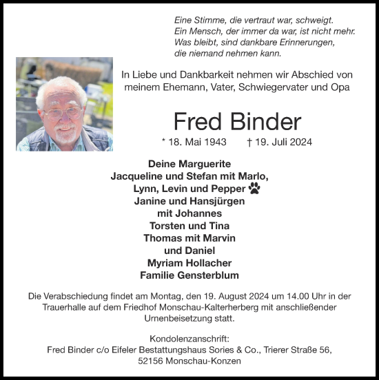 Traueranzeige von Fred Binder von Zeitung am Sonntag