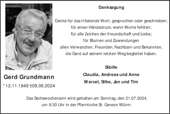 Traueranzeige von Gerd Grundmann von Zeitung am Sonntag