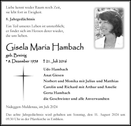 Traueranzeige von Gisela Maria Hambach von Zeitung am Sonntag