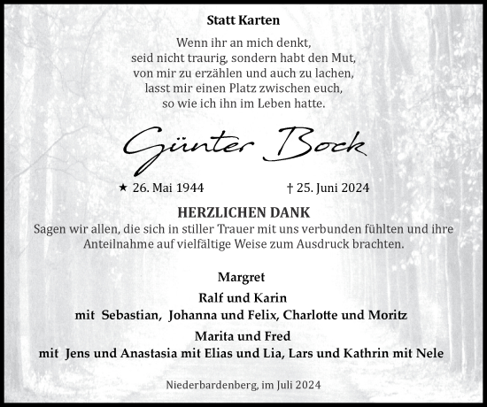 Traueranzeige von Günter Bock von Zeitung am Sonntag