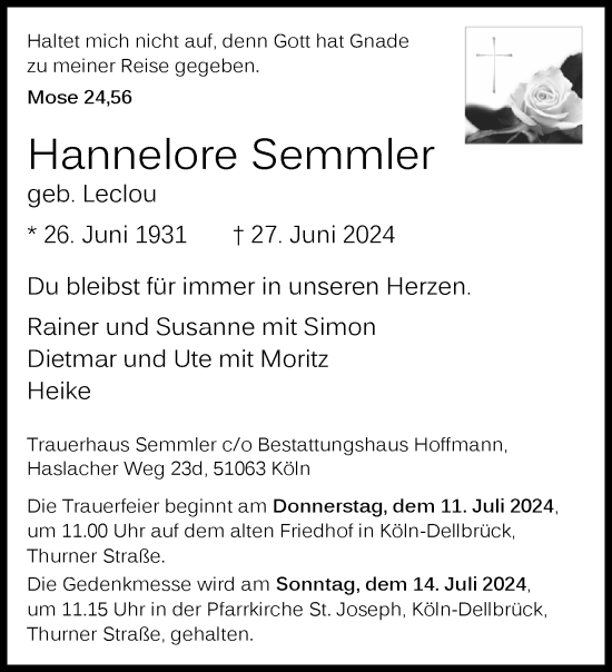 Traueranzeige von Hannelore Semmler von Aachener Zeitung