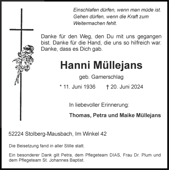 Traueranzeige von Hanni Müllejans von Zeitung am Sonntag
