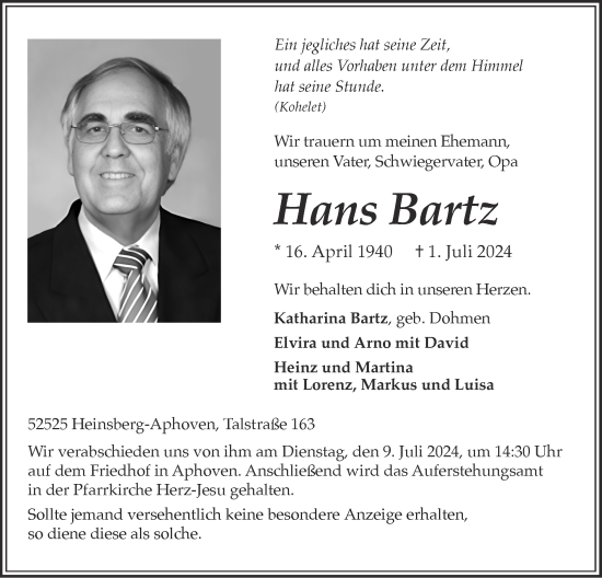 Traueranzeige von Hans Bartz von Zeitung am Sonntag