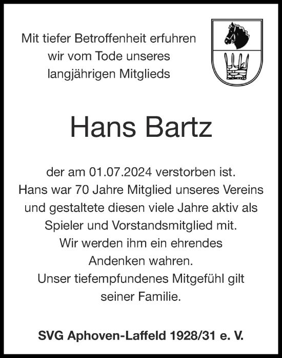Traueranzeige von Hans Bartz von Zeitung am Sonntag