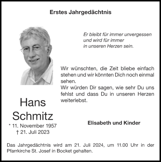 Traueranzeige von Hans Schmitz von Zeitung am Sonntag