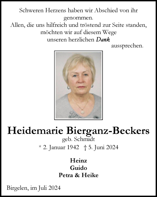 Traueranzeige von Heidemarie Bierganz-Beckers von Zeitung am Sonntag