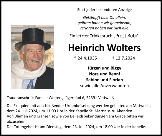 Traueranzeige von Heinrich Wolters von Zeitung am Sonntag