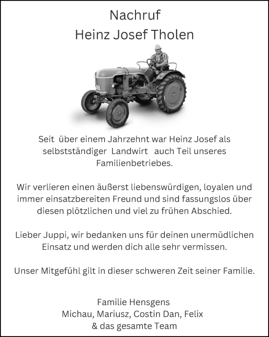 Traueranzeige von Heinz Josef Tholen von Zeitung am Sonntag