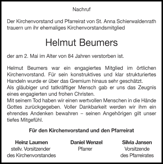 Traueranzeige von Helmut Beumers von Zeitung am Sonntag