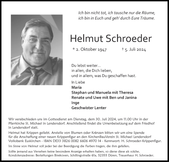 Traueranzeige von Helmut Schroeder von Zeitung am Sonntag