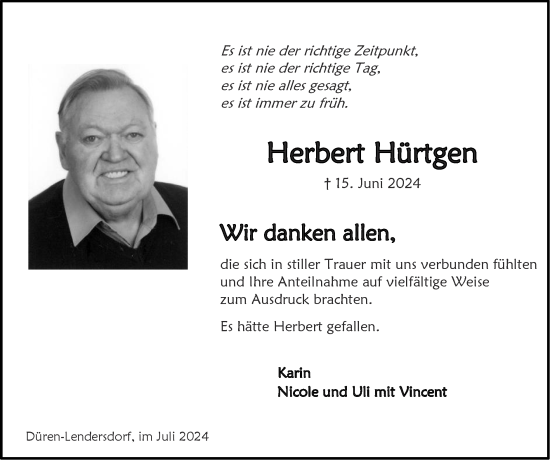 Traueranzeige von Herbert Hürtgen von Zeitung am Sonntag