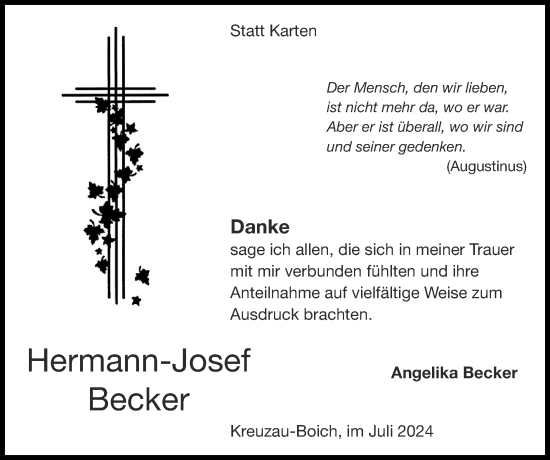 Traueranzeige von Hermann-Josef Becker von Zeitung am Sonntag
