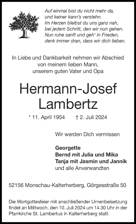 Traueranzeige von Hermann-Josef Lambertz von Zeitung am Sonntag
