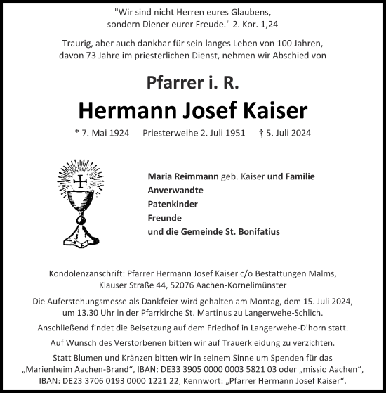 Traueranzeige von Hermann Josef Kaiser von Aachener Zeitung
