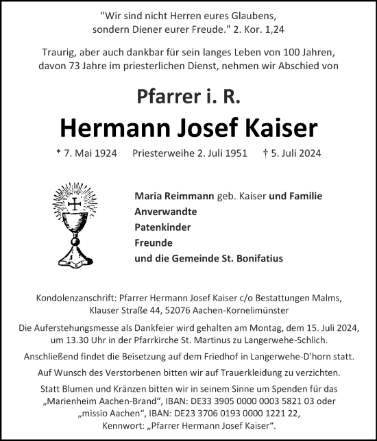 Traueranzeige von Hermann Josef Kaiser von Zeitung am Sonntag