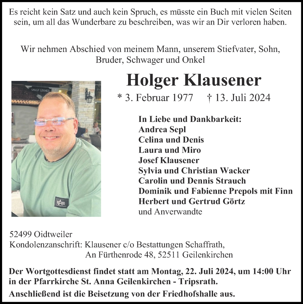  Traueranzeige für Holger Klausener vom 21.07.2024 aus Zeitung am Sonntag
