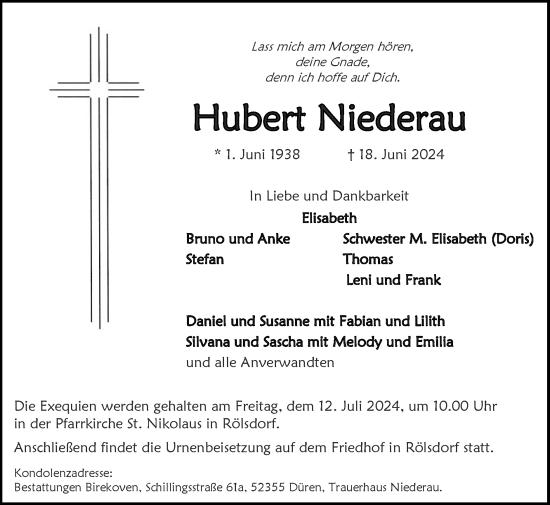 Traueranzeige von Hubert Niederau von Zeitung am Sonntag