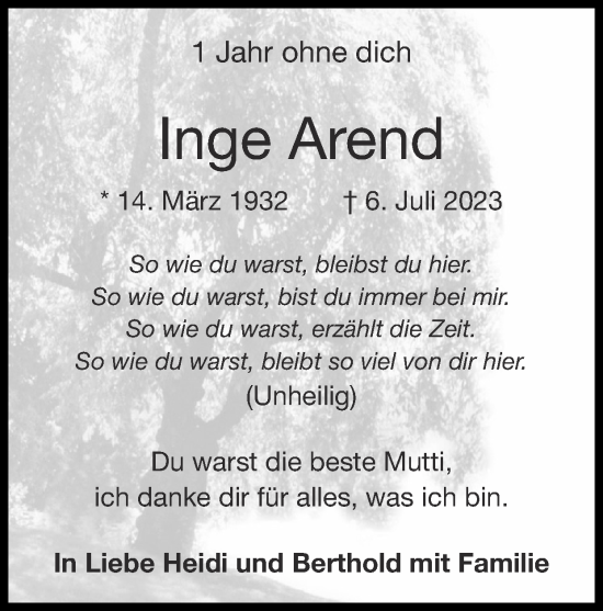 Traueranzeige von Inge Arend von Zeitung am Sonntag
