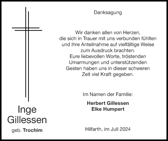 Traueranzeige von Inge Gillessen von Zeitung am Sonntag