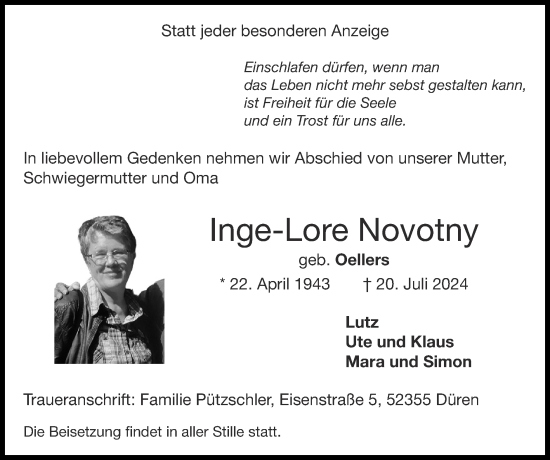 Traueranzeige von Inge-Lore Novotny von Zeitung am Sonntag