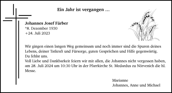 Traueranzeige von Johannes Josef Färber von Zeitung am Sonntag