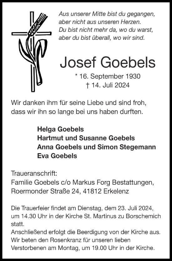 Traueranzeige von Josef Goebels von Zeitung am Sonntag