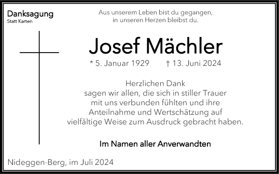 Traueranzeige von Josef Mächler von Zeitung am Sonntag