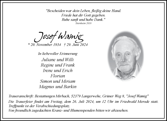 Traueranzeige von Josef Wamig von Aachener Zeitung