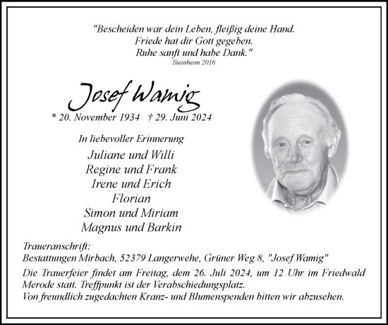 Traueranzeige von Josef Wamig von Zeitung am Sonntag
