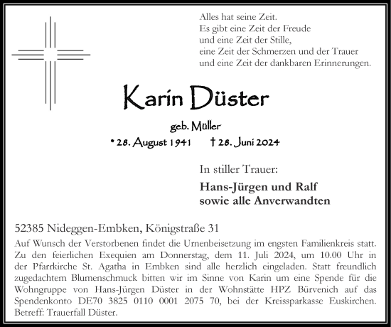Traueranzeige von Karin Düster von Zeitung am Sonntag
