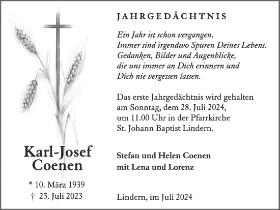 Traueranzeige von Karl-Josef Coenen von Zeitung am Sonntag