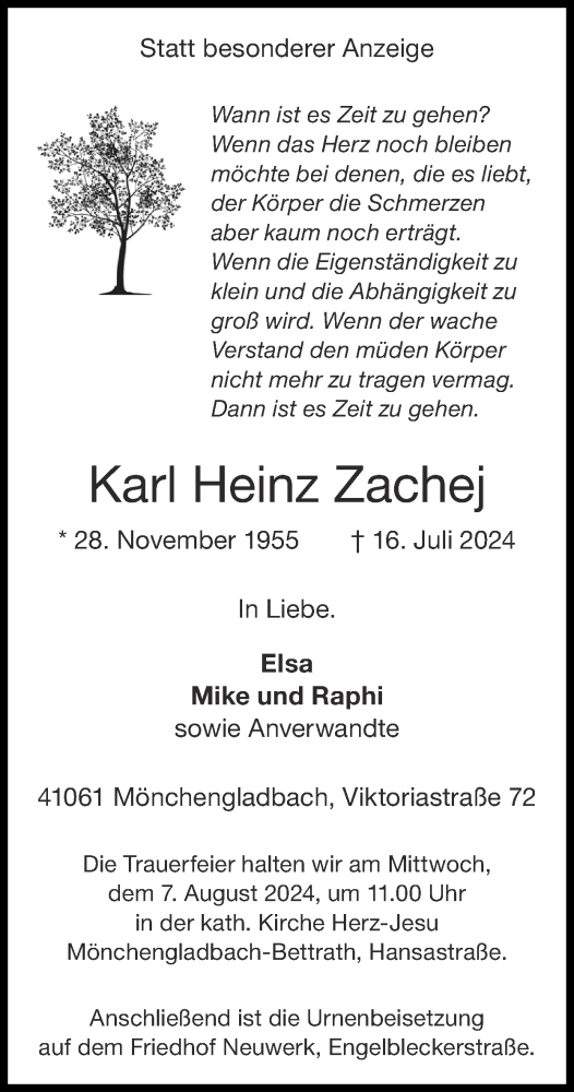 Traueranzeige von Karl Heinz Zachej von Zeitung am Sonntag