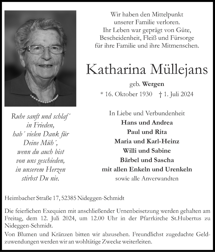  Traueranzeige für Katharina Müllejans vom 07.07.2024 aus Zeitung am Sonntag