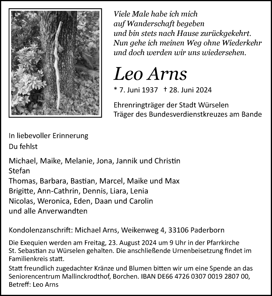 Traueranzeige für Leo Arns vom 21.07.2024 aus Zeitung am Sonntag