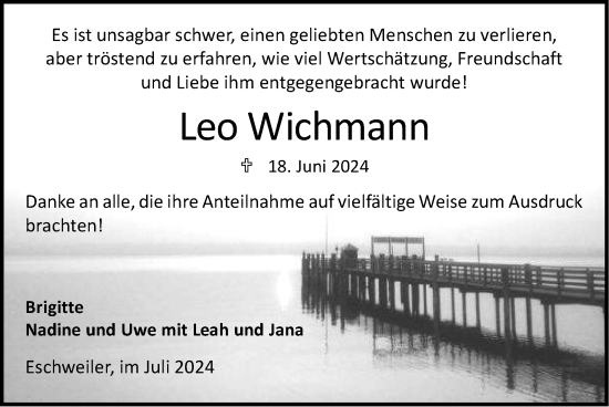 Traueranzeige von Leo Wichmann von Zeitung am Sonntag
