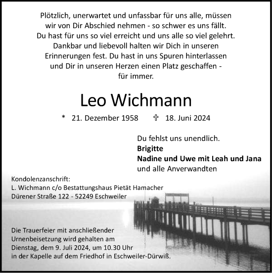 Traueranzeige von Leo Wichmann von Zeitung am Sonntag