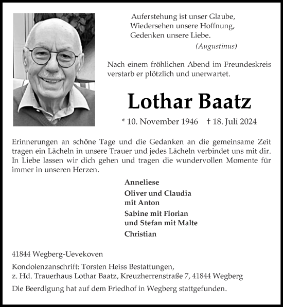 Traueranzeige von Lothar Baatz von Zeitung am Sonntag