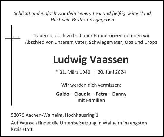 Traueranzeige von Ludwig Vaassen von Zeitung am Sonntag
