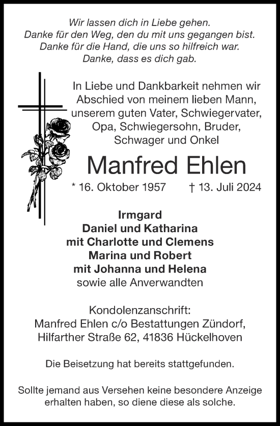 Traueranzeige von Manfred Ehlen von Zeitung am Sonntag