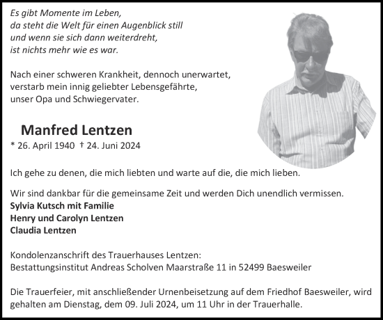 Traueranzeige von Manfred Lentzen von Zeitung am Sonntag
