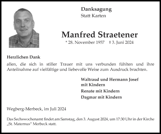 Traueranzeige von Manfred Straetener von Zeitung am Sonntag