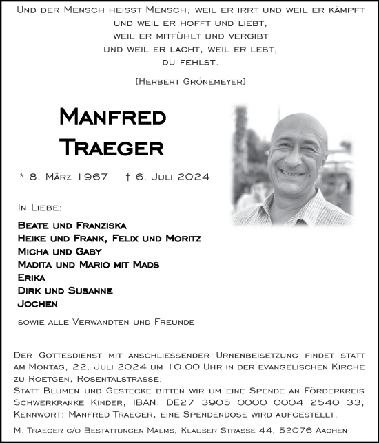 Traueranzeige von Manfred Traeger von Zeitung am Sonntag